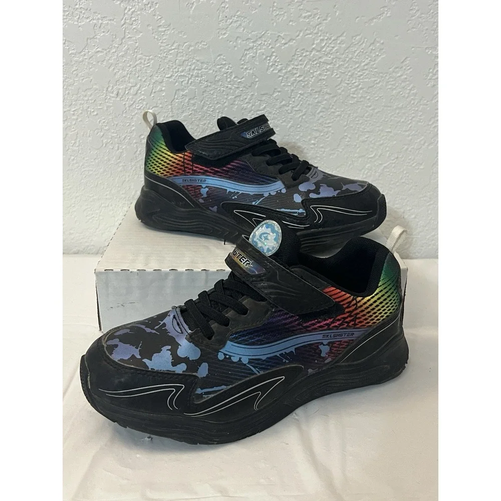 Skill Shooters Boys Sz 2 Waterproof SK009 Tennis Shoes Black Blue Neon Splatter